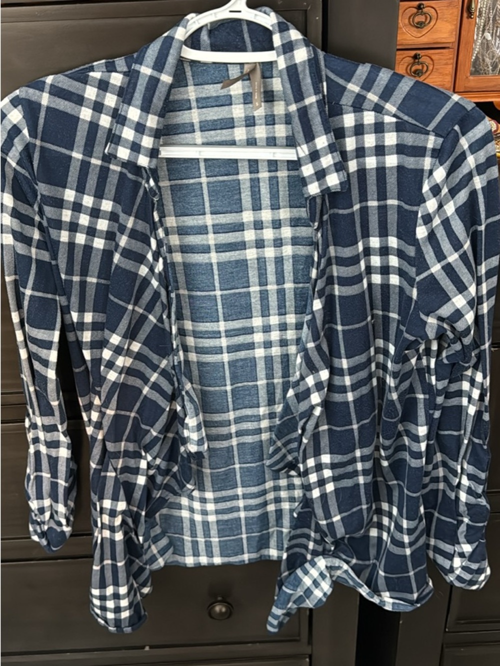 Blue and White Plaid Open-Front Shacket